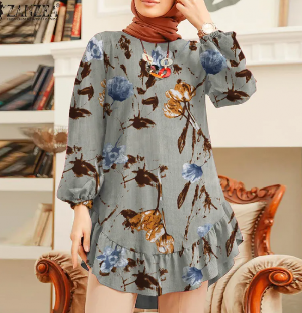 Blus kerja dengan lengan bishop dan motif bunga-bunga